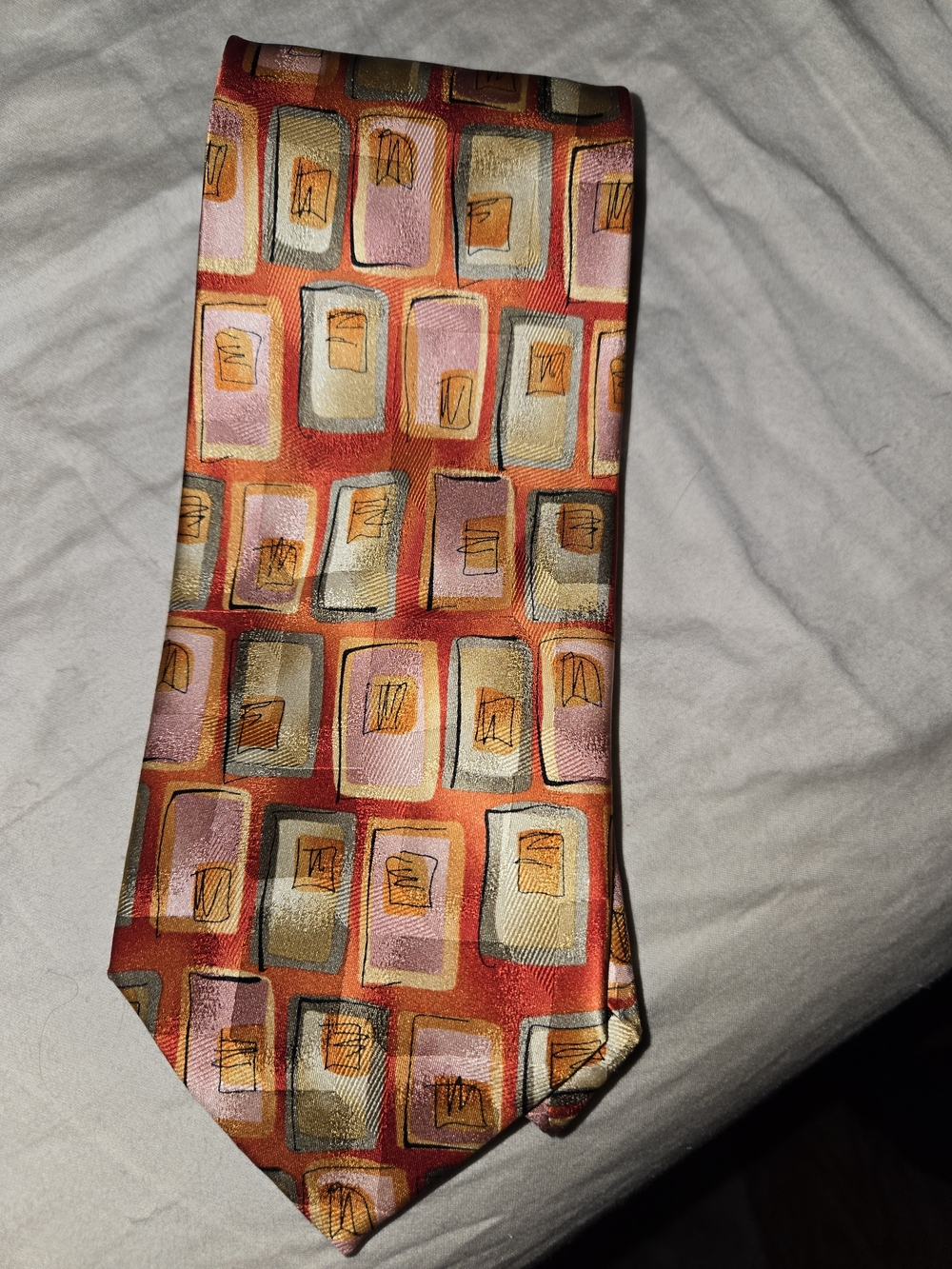 J. Garcia Orange Tie with Pink and Gold Rectangular Pattern
